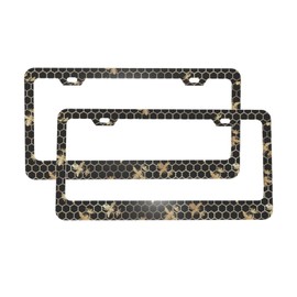Foruidea Gold Queen Bees and Honeycomb Matte Aluminum License Plate Frame with Black Screw Caps，2pcs 2 Holes Black Licenses Plates Frames,Car Licenses Plate Covers Holders for Us Vehicles/Women/Men