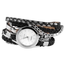 Excellanc 1900180 Women's Watch Faux Leather Metal Wrap Bracelet Press Stud, Black Silver, Strap.