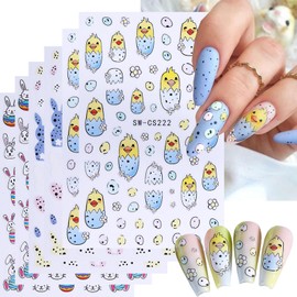 6 Sheets Easter Nail Stickers 3D Self-Adhesive Nail Art Stickers Spring Summer Nail Decals for Nail Art Cute Bunny Eggs Chick Sticker Design Easter Nails Accessories for Women