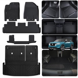 AltraVos Floor Mats & Trunk Mat for 2022-2024 2025 Nissan Pathfinder 7 Seats (Not Fit 8 Seats) TPE All Weather Protection 2 Rows Car Floor Liners with Cargo Liners Velcro Cover The Backrest