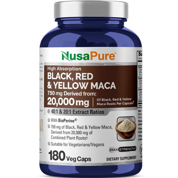 NusaPure Maca Root Black, Red, Yellow 20,000mg - 180 Vegan