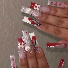 MISUD Press on Nails Extra Long Square Fake Nails Glossy Glue on Nails Red French Tip Acrylic Nails Squoval Artificial Nails Cherry Bow Pearl Stick on False Nails with Design 24 pcs