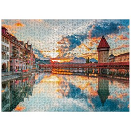 MyPuzzle Sunset in The Historical City Center of Lucerne with The Famous Chapel Bridge and Lake Lucerne, Canton Lucerne, Switzerland - Premium 500 Piece Jigsaw Puzzle for Adults