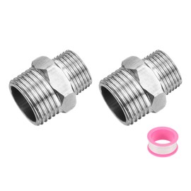 sourcing map 2pcs Hex Nipple Stainless Steel Pipe Fitting G1/2" Male x G3/8" Male Threaded Pipe Adapter Pipe Connector with PTFE Tape for Water, Gas, Fuel Pipeline (Silver Tone, 26mm/1")