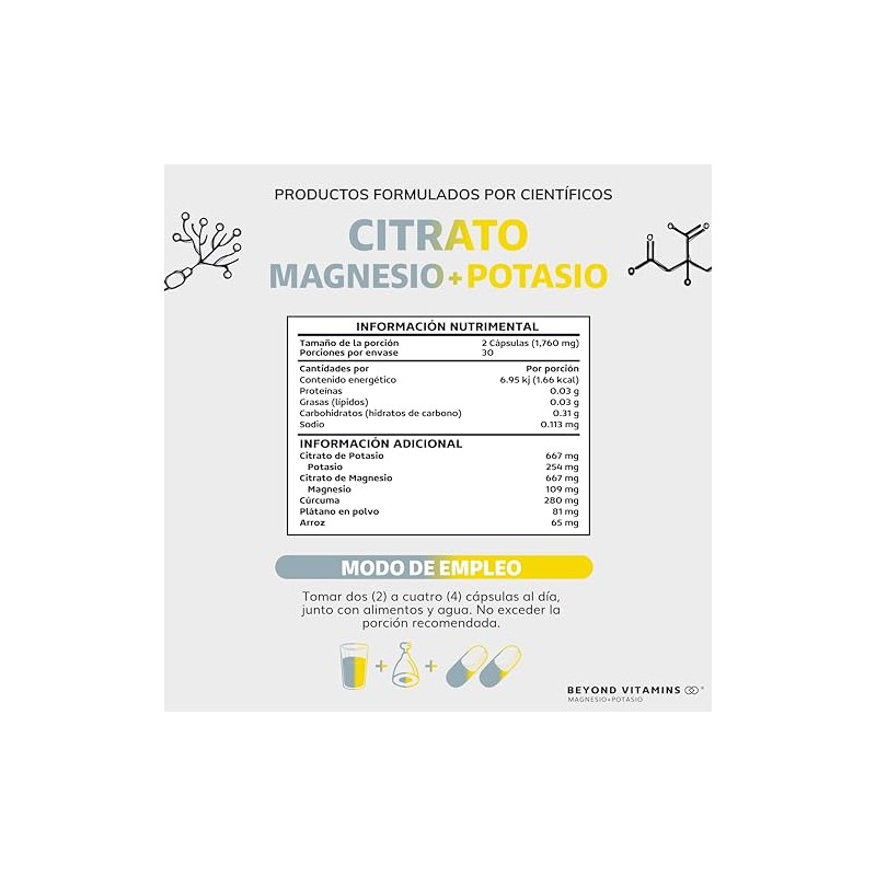 Citrato Magnesio Potasio 1334 Adicionados Platano Polvo Curcuma Arroz Cápsulas
