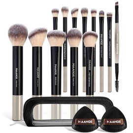 MAANGE Set de Brochas de Maquillaje con Fundas de Aluminio y Esponja de Polvos,13Pcs Brochas para Maquillaje de Alta Calidad Sintético,Multifuncional para Base,Sombra de Ojos y Polvos(Negro)