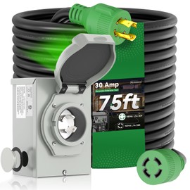 RVINGPRO 30 Amp Generator Cord 75FT and Power Inlet Box, Pre-Drilled 30 Amp Generator Inlet Box with Cord, NEMA L14-30P to L14-30R Generator Cord Waterproof Combo Kit, ETL Listed