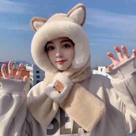 Women's Winter New Bear Balaclava Hat & Scarf Set with Pointy Rabbit Ears - Free Size LF3582 Ear - Beige 3ea