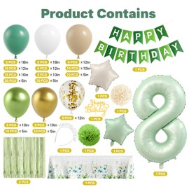 SOOXII 141pcs birthday balloons kits 8th birthday balloons Sage Green Birthday Party Decorations happy birthday banner With headband fringe curtain for Girls Women Birthday(8th)
