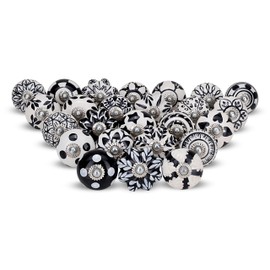 FURNISHFUL FINESSE Black & White Cabinet Knobs Ceramic Assorted knobs for Drawers Cupboard and Wardrobe Furniture Door Pull Handles for Dresser Kitchen Wardrobes Boho Home Interior Decor - Pack of 25