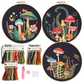 Myfelicity Embroidery Kit with Mushroom Patterns, 3 Hoops, Fabric, Threads, Needles, Instructions (red)