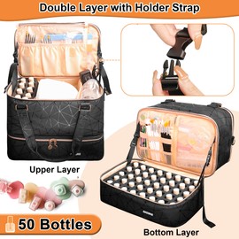 ahzske Bolsa organizadora de esmalte de uñas con capacidad para lámpara de uñas y 50 botellas (15 ml/0.5 onzas), funda organizadora de suministros de uñas de piel sintética con correa para hombro y