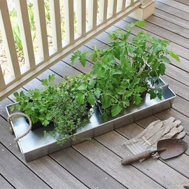 Oakestry TRY-08 Galvanized Steel Tray for repotting Plants Outdoor Dining, Storage in The Kitchen, Pantry, Laundry Room with Rustic Rope Handle, Large