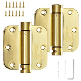 Sophia Self-Closing Door Hinge 3.5 Inch Rounded 5/8 Radius Interior, Spring Loaded Hinge Adjustable Tension for Garage Residential Standard Bedroom Indoor Doors, 2 Pack, Polished Brass