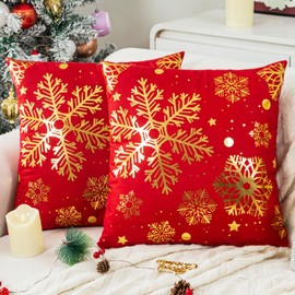 Christmas Cushion Covers Red 50 x 50 cm Cushion Covers with Gold Snowflake Christmas Sofa Cushions Velvet Pillows Decorations for Living room, Couch, Winter, Holiday, Xmas Set of 2