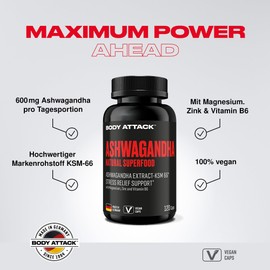 Body Attack Ashwagandha Capsules, Pack of 120, Capsules with High Dose Ashwagandha KSM-66, Made in Germany, for Regeneration After Sports, Stress Relief and Optimised Metabolism