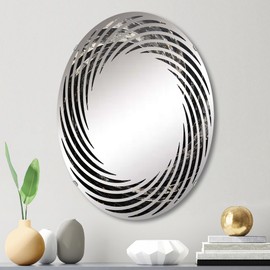 DesignQ abstract spirals wall mirror, Oval 0 mirror, Round Black bathroom mirror, abstract spirals vanity mirror Cosmic Current Spiral in Black I printed mirror decor, oval mirror 20x30