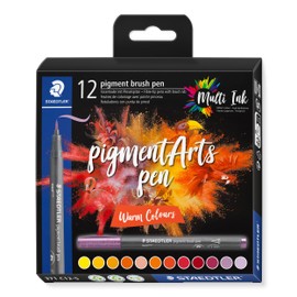 STAEDTLER Brush Pen Pigment Arts, Premium Drawing Ink, Brush Tip for Variable Line Width, Waterproof, Quick-Drying, 12 Brush Pens in Assorted Colours in Cardboard Case, 371 C12-5