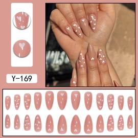 White Heart Press on Nails Medium Almond Fake Nails with Design Valentines Glue on Nails Nude Stick on Nails Glossy Reusable Heart False Nails for Women Girls Daily Wear Manicure 24pcs