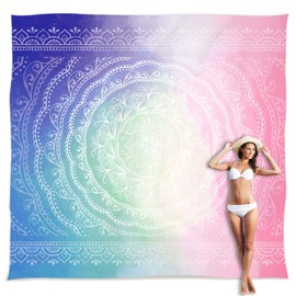 Sunlit 10'x9' Extra Large Boho Sand Proof Beach Blanket, Sand Proof Mat with Corner Pockets and Mesh Bag for Beach Party, Travel, Camping and Outdoor Music Festival, Blue and Pink Circle Mandala