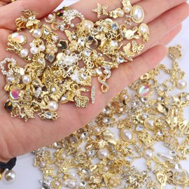 Dornail Pack of 50 Gold Nail Charms, Mix Styles Glitter Stones Nails Pearl Alloy Nail Stones Flower Butterfly Rhinestones Nails Heart Star Nail Charms DIY Nail Art Accessories Women Nails Decoration