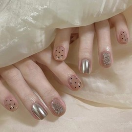 XUZOO 24 Pcs Nail Tips, Fake Nails, Short and Long, Cute, Stylish, Popular, Plain, Simple, Nail Stickers, False Nails, Nail Tool, Double-Sided Tape Included (Dots)
