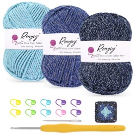 Crochet Yarn for Beginners – 3x50g Hollow Shiny Silver Cotton DK Yarn with 3.5mm Hook and Tools – Soft Sparkling for Knitting, Amigurumi & Granny Squares (Light Blue+Blue+Dark Blue)