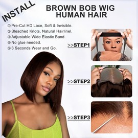 XZZ Chocolate Brown Wear and Go Glueless Wigs Human Hair Pre Plucked Pre Cut 12 Inch 7x5 Brown Bob Wig Human Hair Glueless HD Lace Closure Wig Short Bob Wig Bleached Knots 220% Density for Women