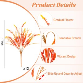 Artificial Fake Plants Flowers for Outdoors Fall Decor, 12 Bundles Fall Leaves Faux Lavender Flowers for Autumn Decoration, Fake Shrubs UV Resistant Planter No Fade for Garden Porch Balcony(Orange)