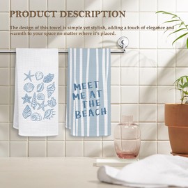 HIWX Blue Coastal Beach Kitchen Towels, Meet Me at The Beach Preppy Seashell Decorative Kitchen Dish Towels, Ocean Beachy Hand Towel for Bathroom Decor, Coastal Bathroom Decor, 16x24 Inches Set of 2