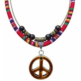 Double Layers Peace Symbol Sign Pendant Boho Colorful Braided Rope Necklace, Multi-Layered, Wooden Beads, Double Layers Peace Symbol Sign Pendant, Mens,Women's Jewelry (Red-Brown)