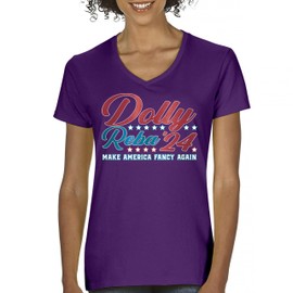 Dolly Reba 2024 Make America Fancy Again Women's V-Neck T-Shirt Funny Political Election Country Music Parton McEntire Tee Purple X-Large