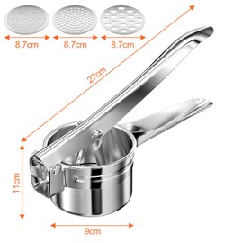 Brevanza Potato Press, Spaghetti Ice Cream Press, Potato Masher, Spaetzle Press, Spaghetti Ice Cream Press with 3 Interchangeable Discs for Fluffy Mashed Potatoes, Juicing, Stainless Steel