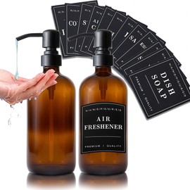 OYEWRK Dispensador de jabón de Vidrio, Dispensadores de champú de Espuma Recargables de Acero Inoxidable con 12 Etiquetas Impermeables, 16 oz (500 ml), dispensadores de jabón de baño (ámbar)