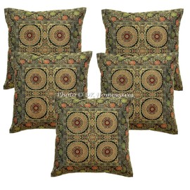 DK Homewares Ethnic Sofa Decorative Cushion Covers 40 x 40 cm Black Brocade Jacquard Cushion Covers Boho Style Zip Mandala Square Decorative Cushion Covers - Set of 5 (Cover Only)