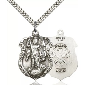 Bliss Sterling Silver Saint Michael National Guard Medal Pendant Necklace 24" Chain