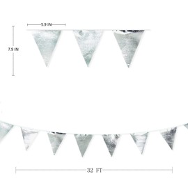 PinkBlume Silver Triangle Flag, Cloth Garland Banner Party, Decorative, Glossy, Silver Pennant Flag, Boys and Girls, Birthday Decoration, Wedding, Party, Decoration, Camping, Decoration, Children's Room Decoration, Graduation, Retirement, Festival, Suppl