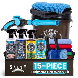 Salty Captain Ultimate 15-Piece Car Cleaning Kit – Car Wash Kit with 15L Bucket, Hand Mitt Towels, Brushes & 4x Cleaning Fluids – Includes Foam Blaster Gun – Premium Quality & Easy to Use
