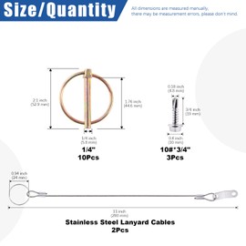 Glarks 15Pcs 1/4" x 1-3/4" Lynch Pin with Lanyard Cable Set 10Pcs Lynch Pin Lock Pin Clips and 2Pcs 304 Stainless Steel Lanyard Cable with Quick Release Ring for Farm Tractors Trailers Trucks Mowers
