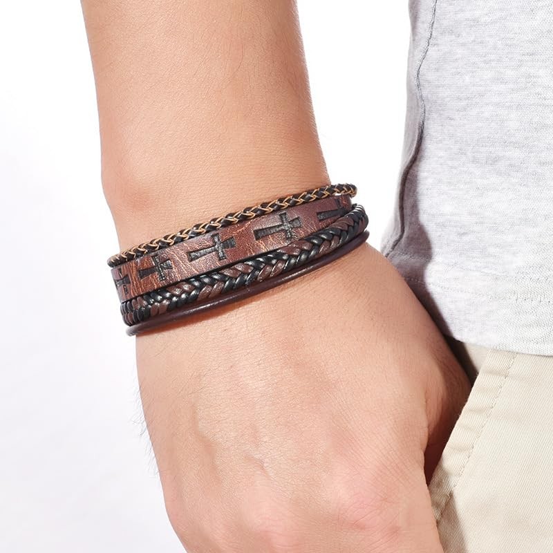 REchoLI Cross Bracelet for Man,Men's Brown Leather Cross Bracelet with