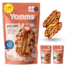 Yomms Nutty Chia Glazed Whole Pecan Halves, 10.5 oz (3 Pack), Gluten-Free & Non-GMO Healthy Dessert Snacks – Low Sugar Chia Seed & Crunchy Candied Nut Pouches – Roasted Snacking Pecans – 3.5oz Indidividual Packs