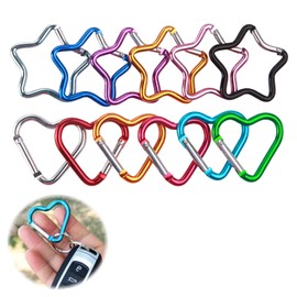 Pack of 12 Carabiner Small Key Chain, Heart Carabiner Star, Key Carabiner Made of Aluminium, Multicoloured, Lightweight and Robust, for Camping, Hiking and Everyday Use
