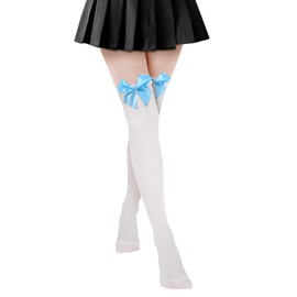 Thigh High Stockings White, White Thigh Highs with Bows, Elegant and Charming Soft Velvet Bow Stockings for Women over the Knee (Light Blue Bow)