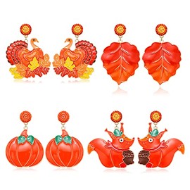 HZEYN 4 pares de aretes de otoño de Acción de Gracias, esmaltado, pavo, calabaza, hoja de arce, aretes colgantes colgantes de gota, Metal, no saber
