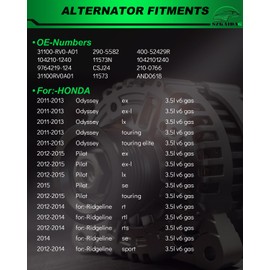 SZKAIDAG Alternator for:-Honda Odyssey 2011-2013 3.5L, Pilot 2012-2015, for:-Ridgeline 2012-2014, 3.5L V6 GAS, 12V 130Amp 6 Grooves, Replacement OE# 31100-RV0-A01 11573N 400-52429R