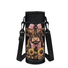 POLERO Highland Cow Water Bottle Holder Girls Cute Insulated Bottle Carrier Bag with Shoulder Strap Portable for School