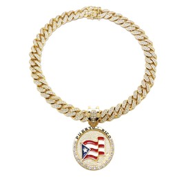 CBC Crown Flag Medallion Pendant 11mm, 12mm 18"/20" Cuban or Miami Cuban Necklace in Gold or Silver Tone (Puerto Rico - Gold 18" Miami Chain)