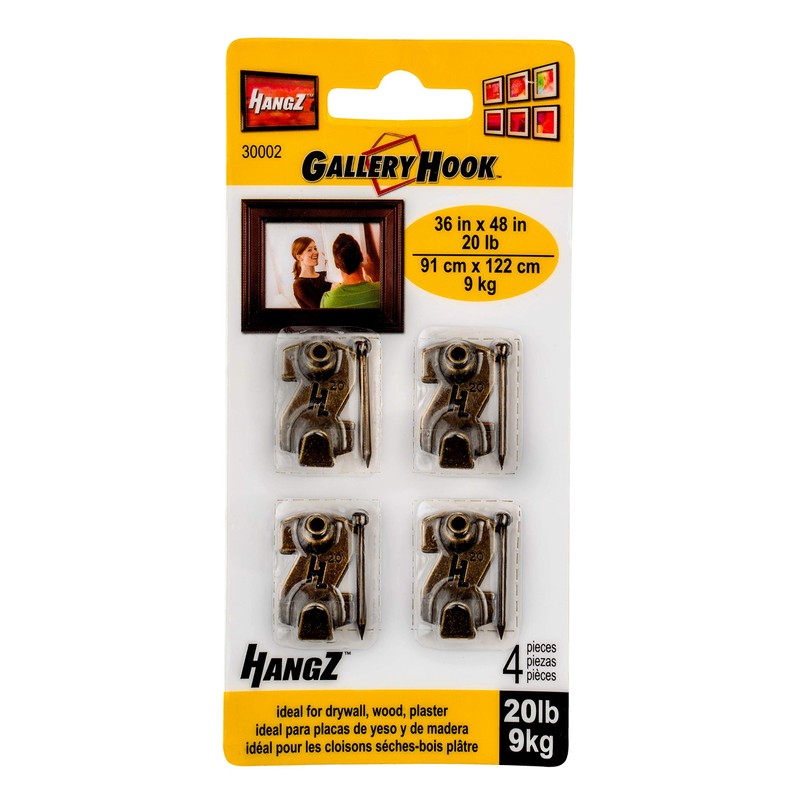 HangZ 30002 Gallery Picture Hooks, 20lb, Antique Brass, 4-Pack