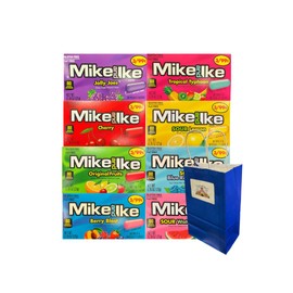 Variety Pack Mike and Ike Candy, Assorted Flavors, Includes Sour, Berry Blast, Jolly Joes, Tropical Typhoon, Original Fruits, Cherry, 0.78 oz Pouches, 8 Pack with Blue Paper Bag