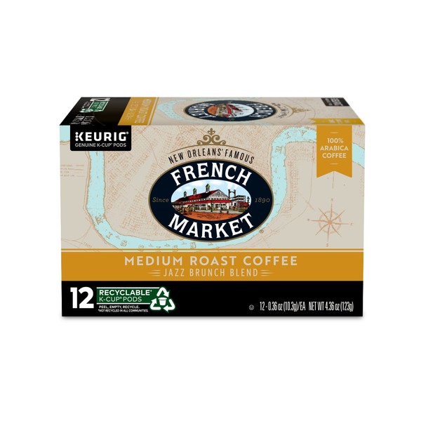 French Market Coffee, Jazz Brunch Blend, Single Serve Coffee K-Cup Pods, Medium Roast, 12 Count (Pack of 6)